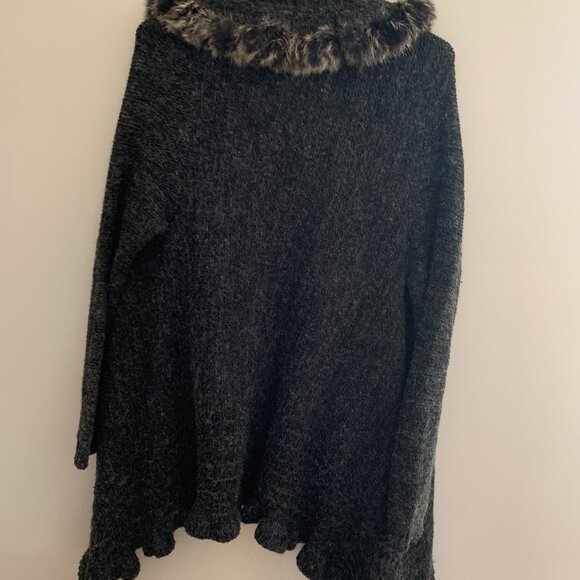 S-Twelve Dark Gray Wool Cardigan Faux Fur Ruffle Mid-Length Medium Long Sleeve - Picture 6 of 6